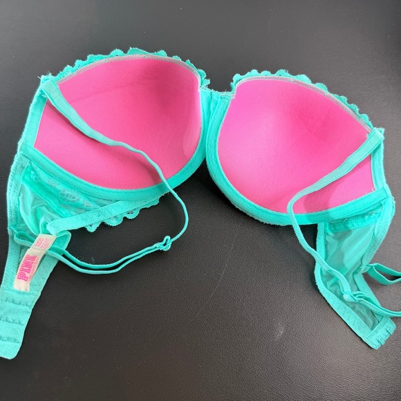 Victoria's Secret PINK Bra 32DD Teal Lace Push Up Underwire Floral Padded Charm - Picture 6 of 9